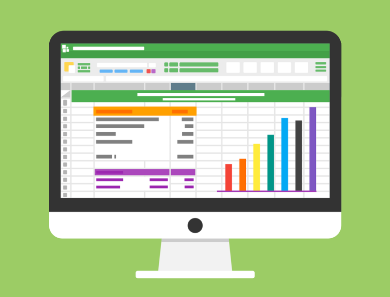 Graphical illustration of a computer screen with a bookkeeping dashboard shown in full screen